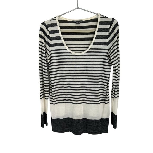 VINCE Deep Crewneck Top Oversized Shirt Knitted White Blue Stripes  Size XSmall - Picture 1 of 8